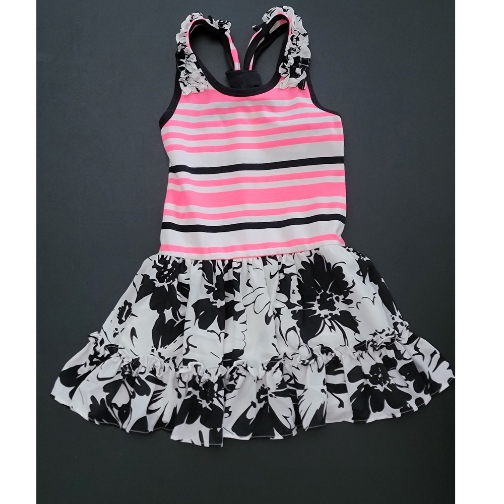 Jona Michelle Girls Dress 3T Pink Black White Striped Floral Ruffle Racerback
